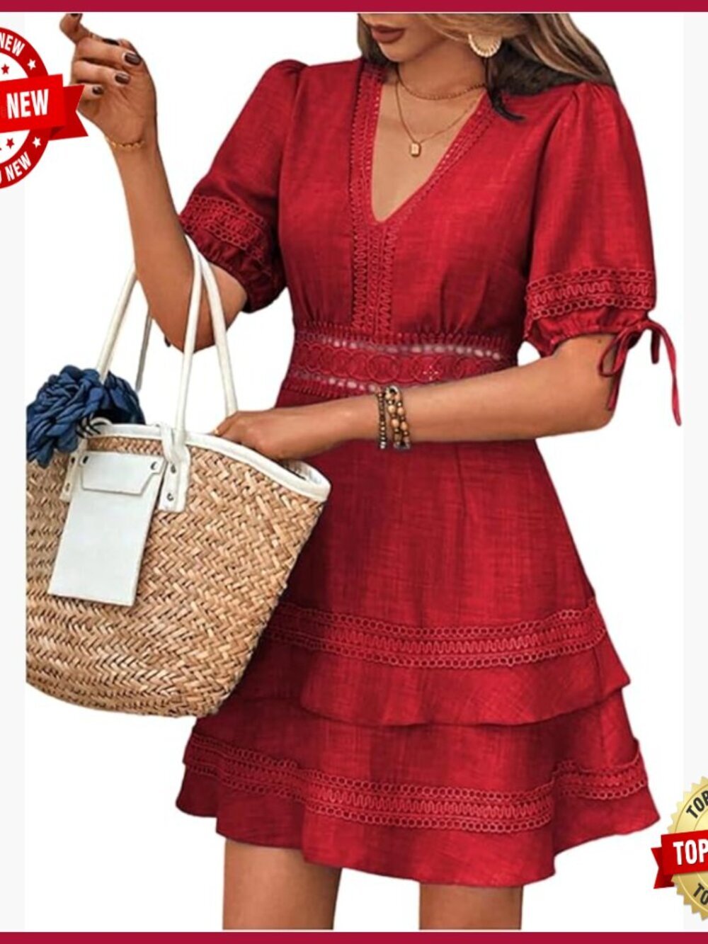 Summer Lace V-Neck Puff Sleeve A-Line Dress Casual Above Knee